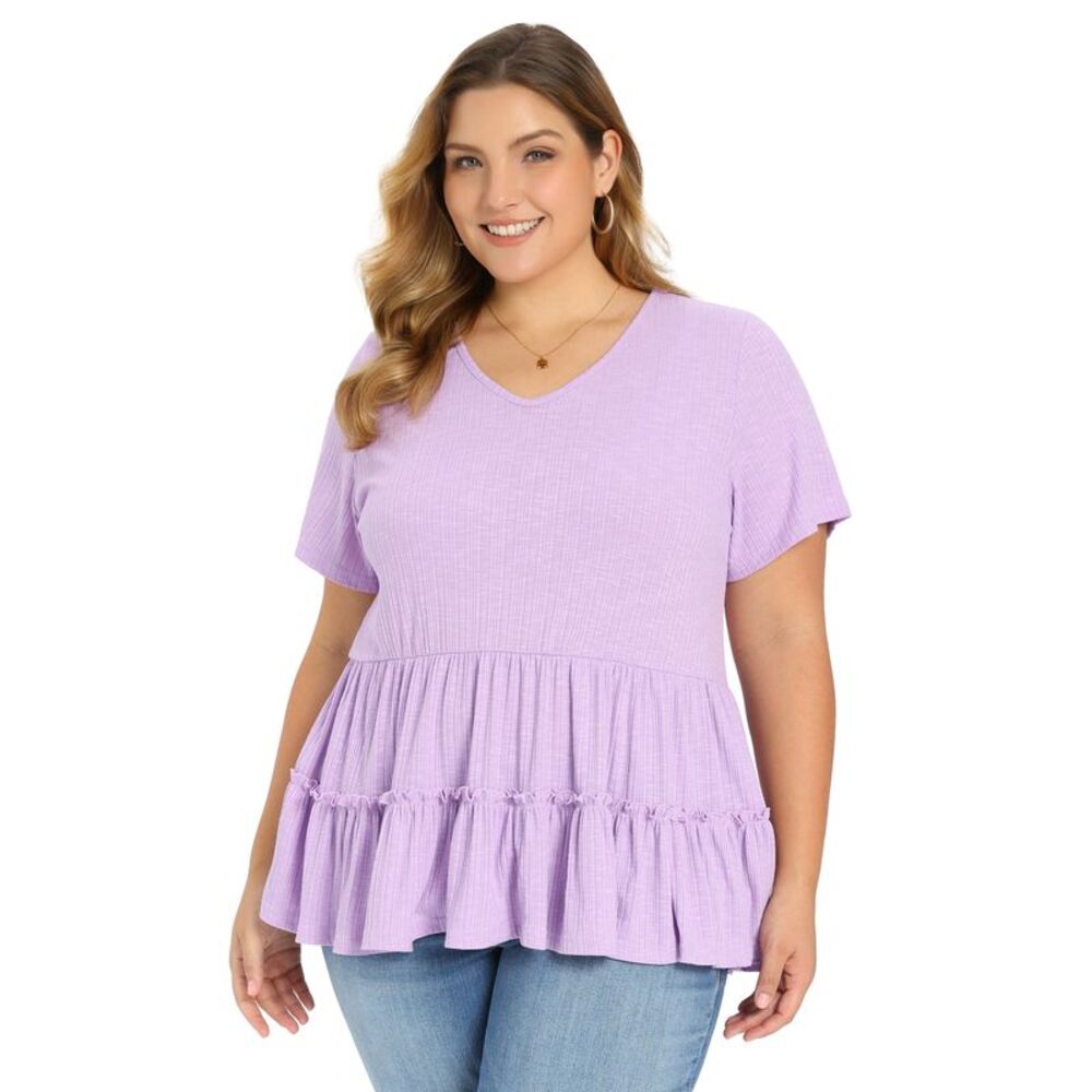 Women Plus Size Casual Babydoll V Neck Short Sleeve Blouses Purple